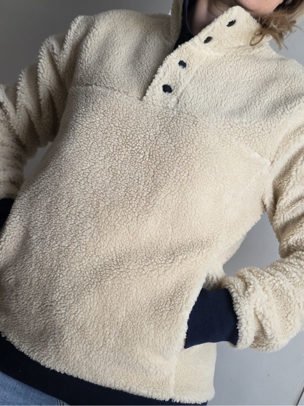 J. Crew Cream Sherpa Snap Pullover with Navy Trim